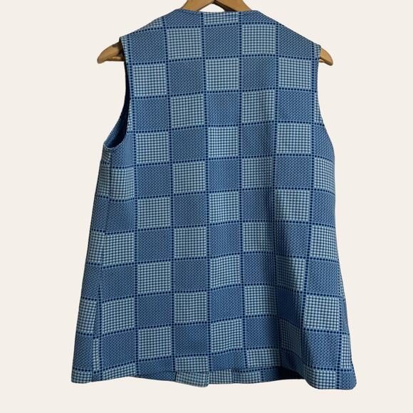 70’s Vintage Blue Checkered Print Sleeveless Button Front Vest Size L - Picture 3 of 5